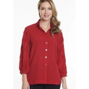 JOHN MARK Wire Collar Embroidered Floral Sleeve Button Blouse Medium Red Boho